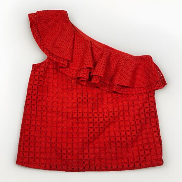 J Crew Top Red Eyelet Blouse Ruffle Lined Off the Shoulder Women's Size 4 - Picture 2 of 10